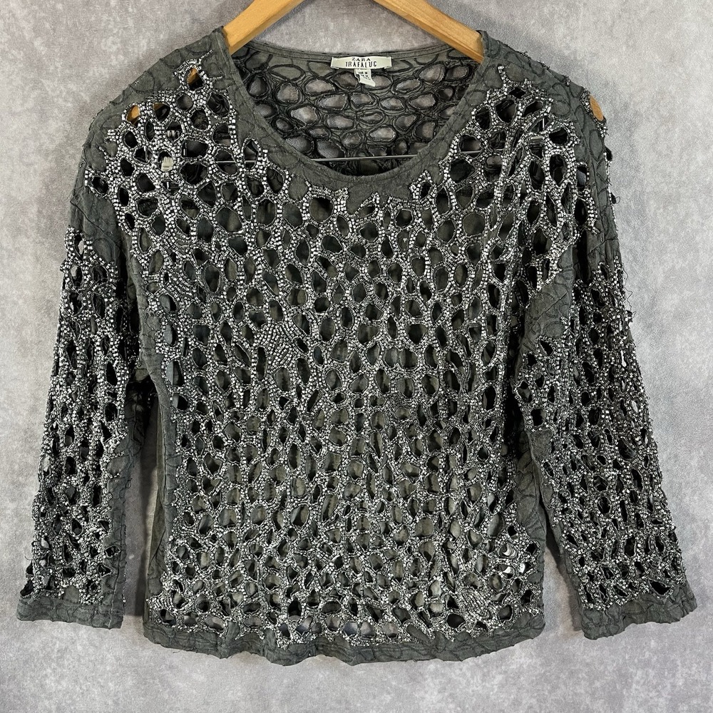 Zara Trafaluc Top Women M Grey Beaded Crochet Open Knit Long Sleeve Edgy Boho